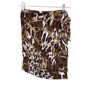 4/$25 CACHE Size 2 Brown Gold Chain Equestrian Faux Wrap Knit Pull On Skirt